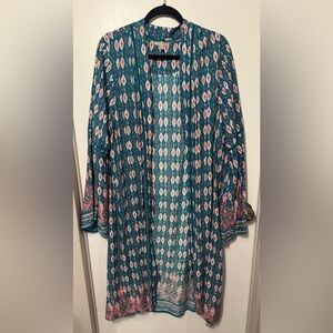 Wonderly Vibrant Teal and Pink Patterned Kimono - Size 0X/1X
